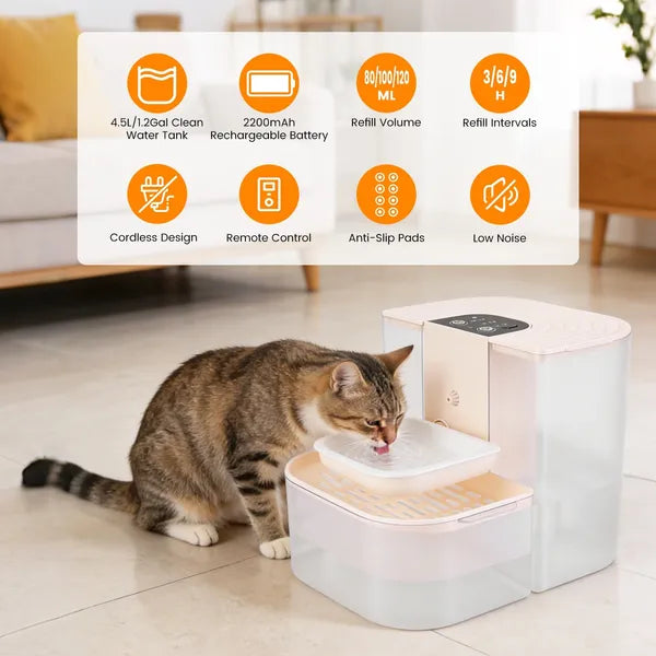 Smart Automatic Pet Water Dispenser, Automatic Pet Water Dispenser With Dual Tank,Dual Tank Filtration 4.5L Cordless Water Fountain With Remote Control For Pets